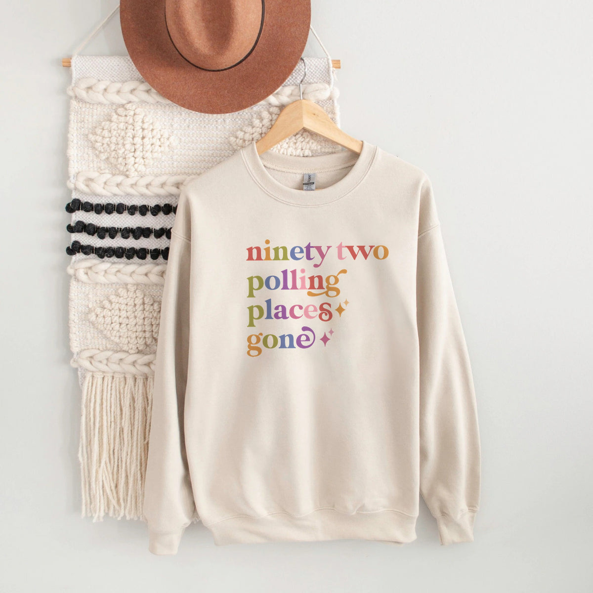 Ninety Two Polling Places Gone Care & Resist Gildan crewneck sweatshirt in Sand
