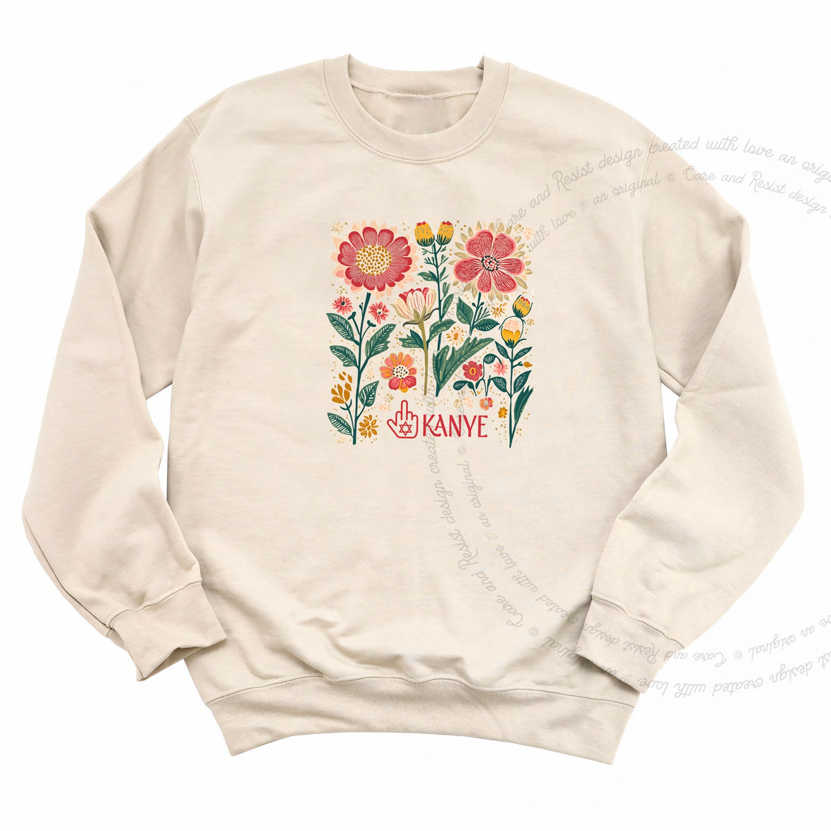 Middle Finger Kanye Care & Resist Gildan crewneck sweatshirt in Sand