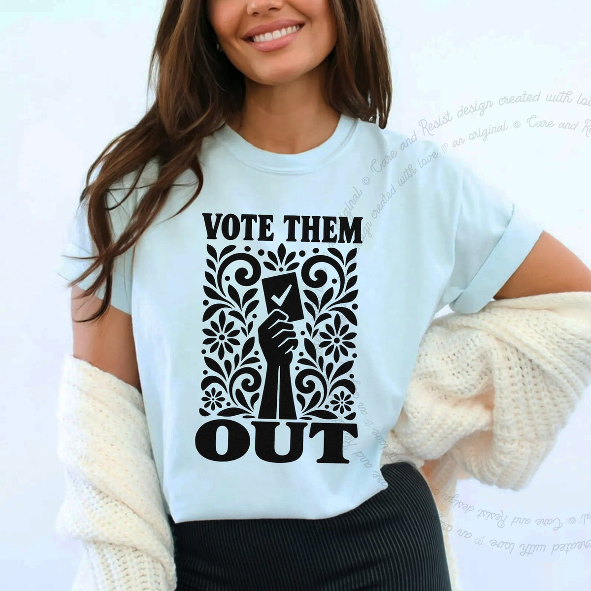 Vote Them Out Ballot Stencil Care & Resist progressive t-shirt in Chambray