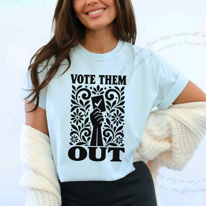 Vote Them Out Ballot Stencil Care & Resist progressive t-shirt in Chambray
