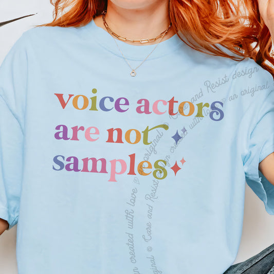 Voice Actors are not Samples Care & Resist progressive t-shirt in Chambray