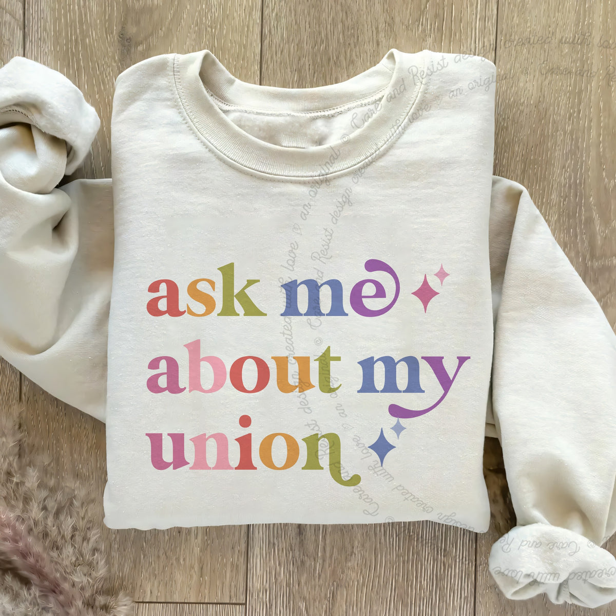 Ask Me About My Union Care & Resist Gildan crewneck sweatshirt in Sand