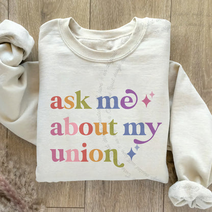 Ask Me About My Union Care & Resist Gildan crewneck sweatshirt in Sand