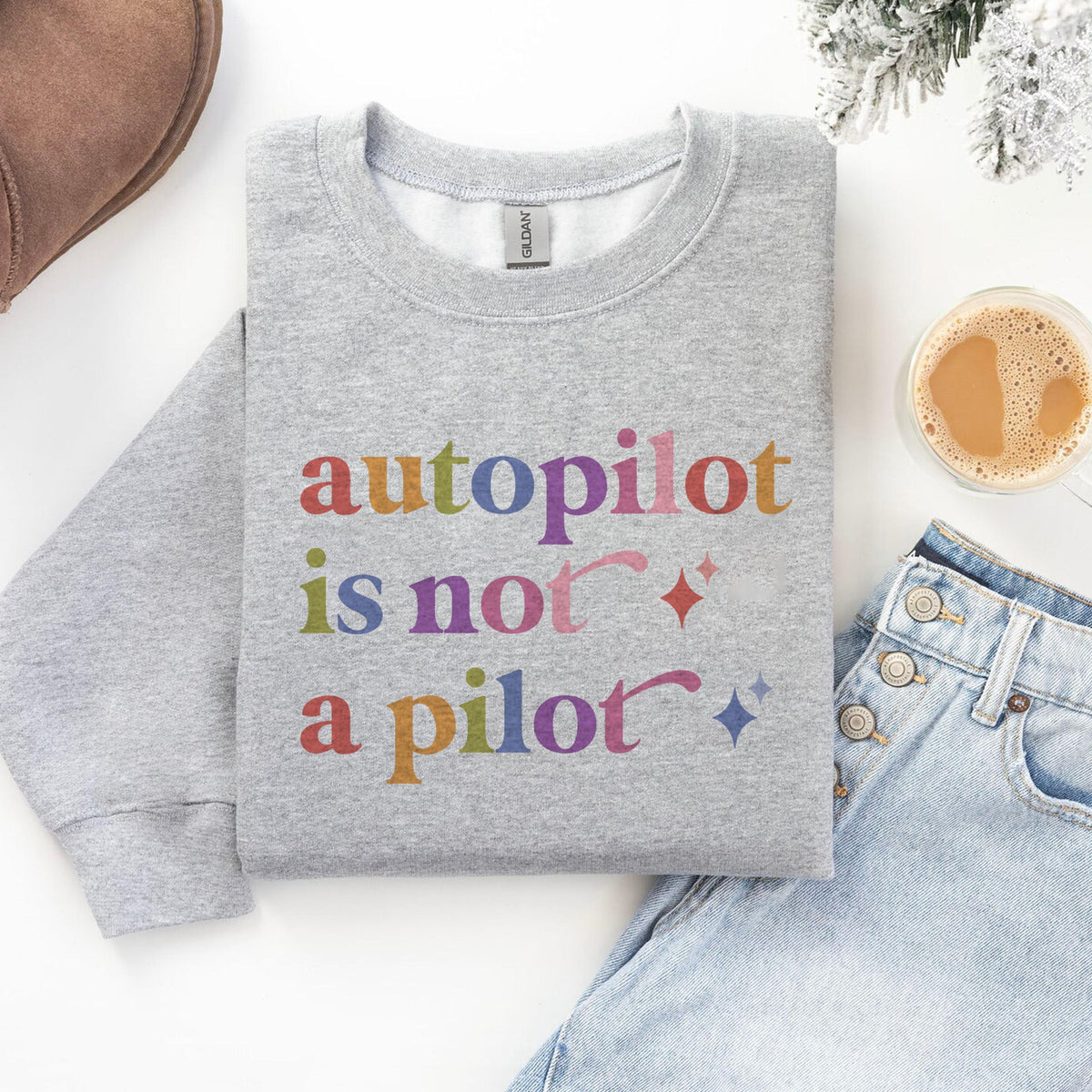 Autopilot is not a Pilot Care & Resist Gildan crewneck sweatshirt in Sport Grey