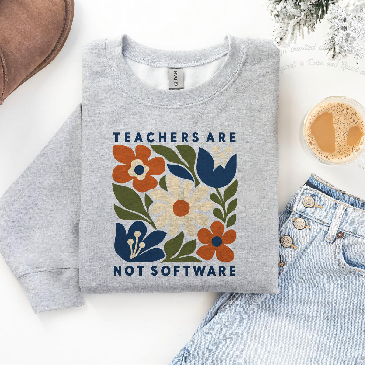 Teachers are not Software Cutout Care & Resist Gildan crewneck sweatshirt in Sport Grey