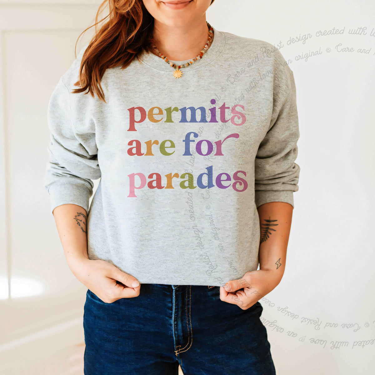 Permits are for Parades Care & Resist Gildan crewneck sweatshirt in Sport Grey