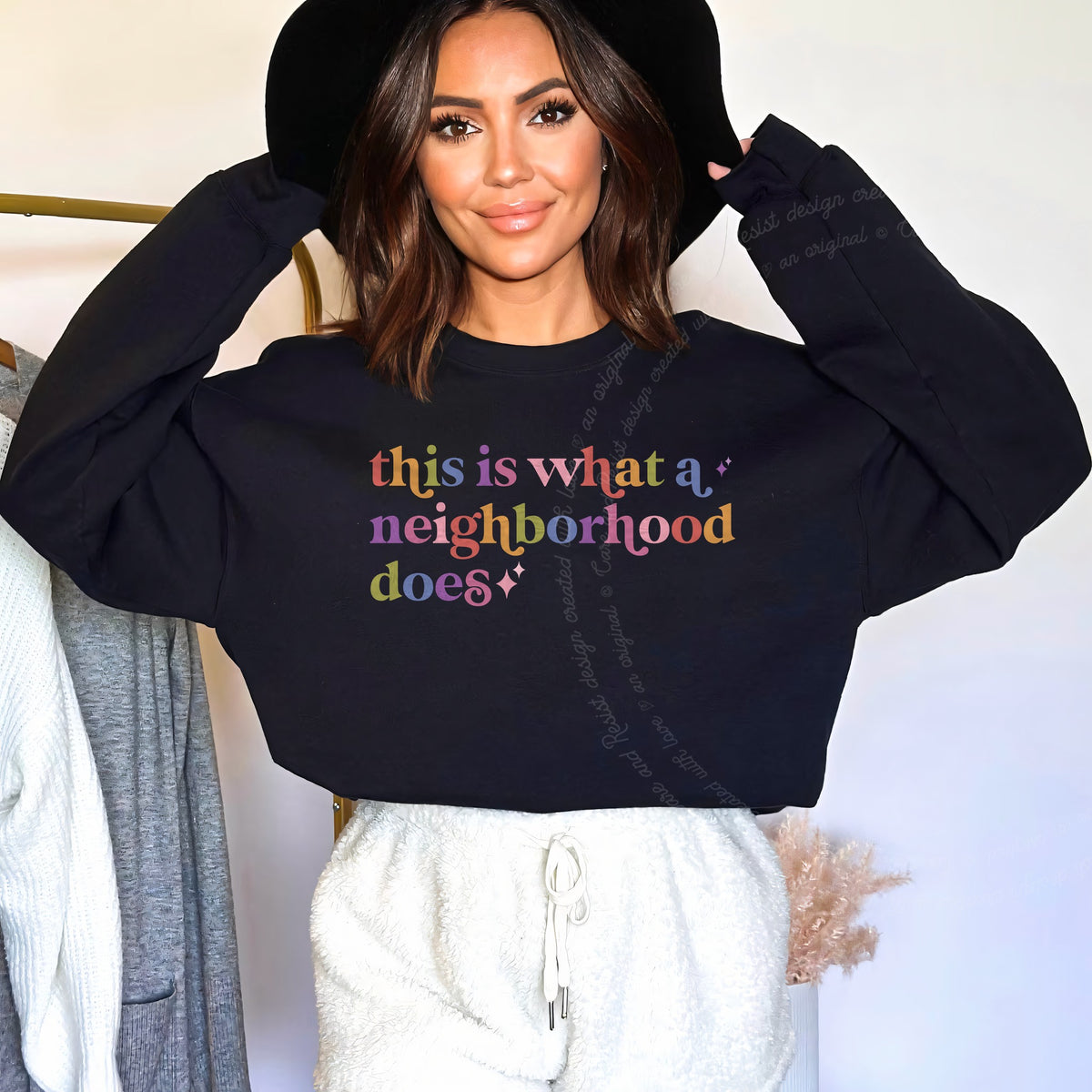 This is What a Neighborhood Does Care & Resist Gildan crewneck sweatshirt in Black