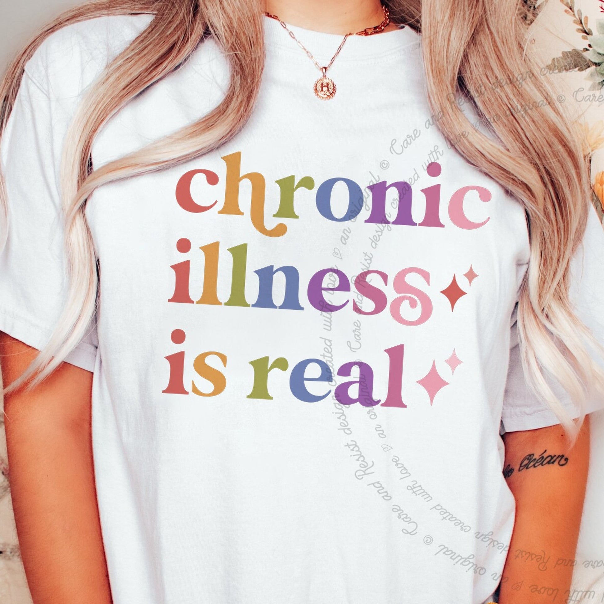 Chronic Illness is Real Care & Resist rainbow Comfort Colors tee, White