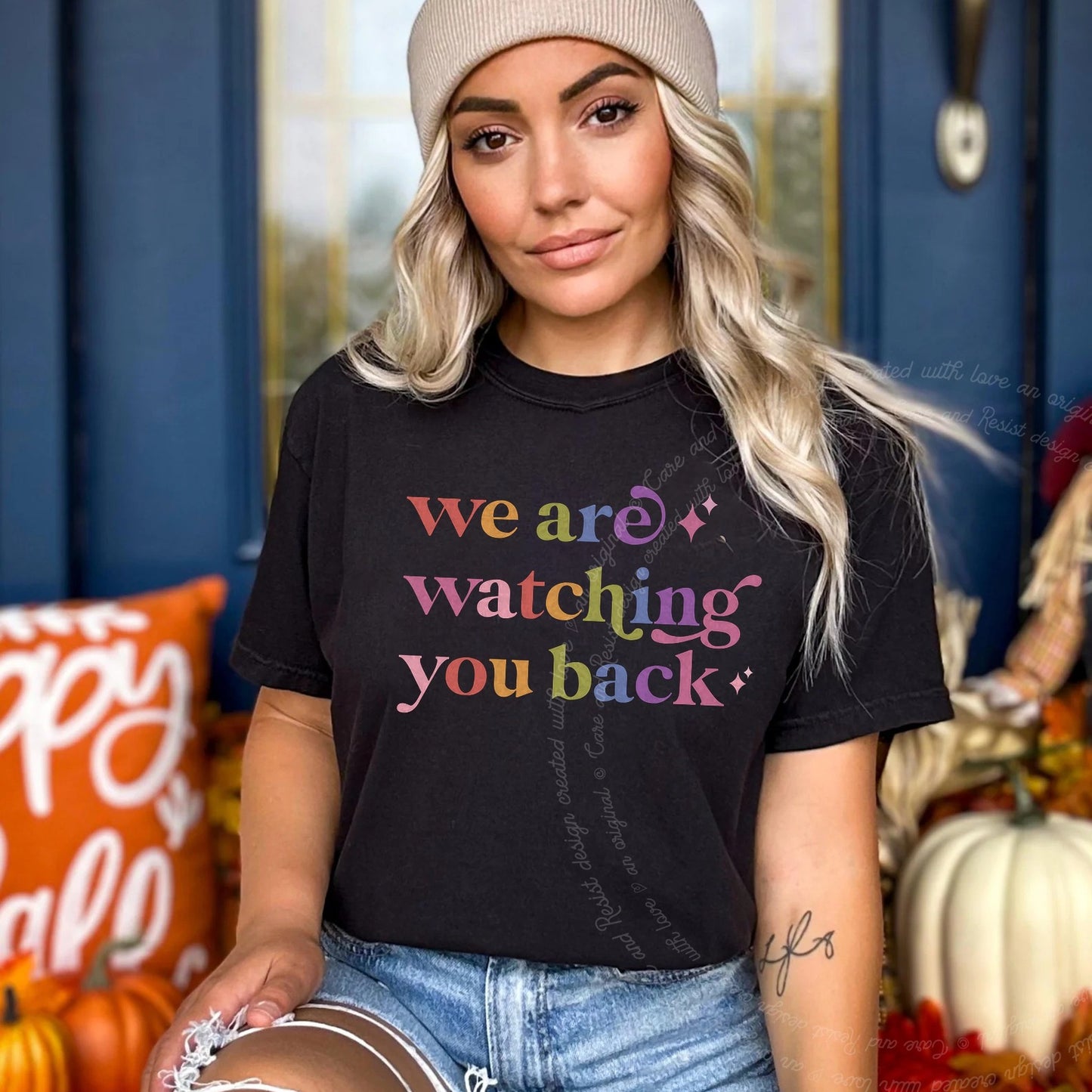 We are Watching You Back Care & Resist rainbow tee