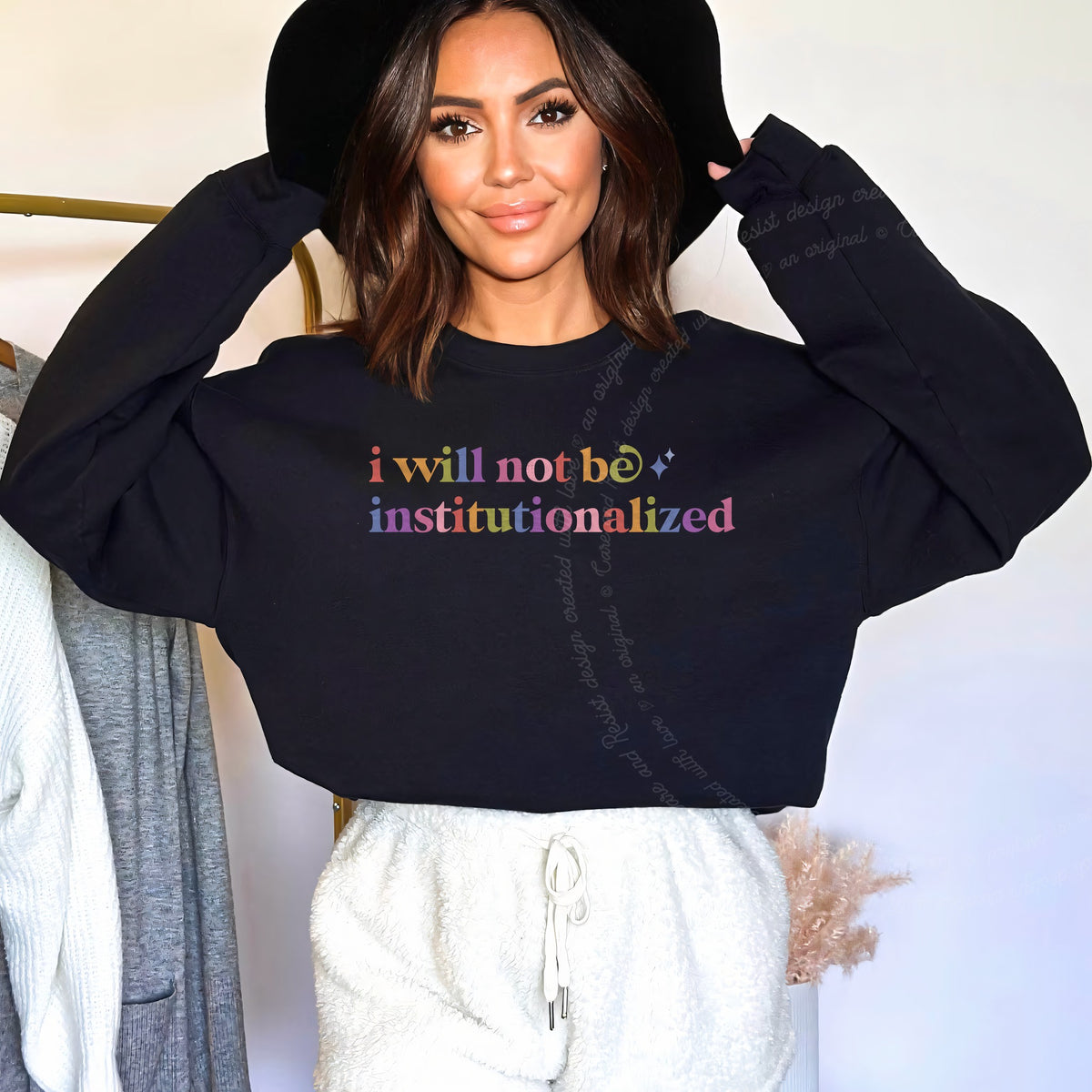 I Will not Be Institutionalized Care & Resist Gildan crewneck sweatshirt in Black