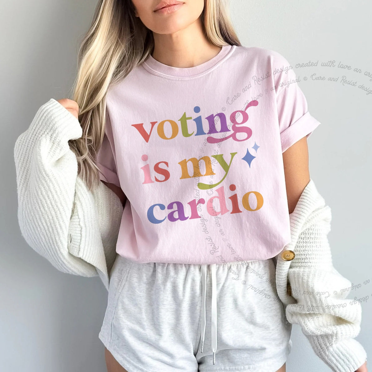 Voting is My Cardio Care & Resist rainbow tee