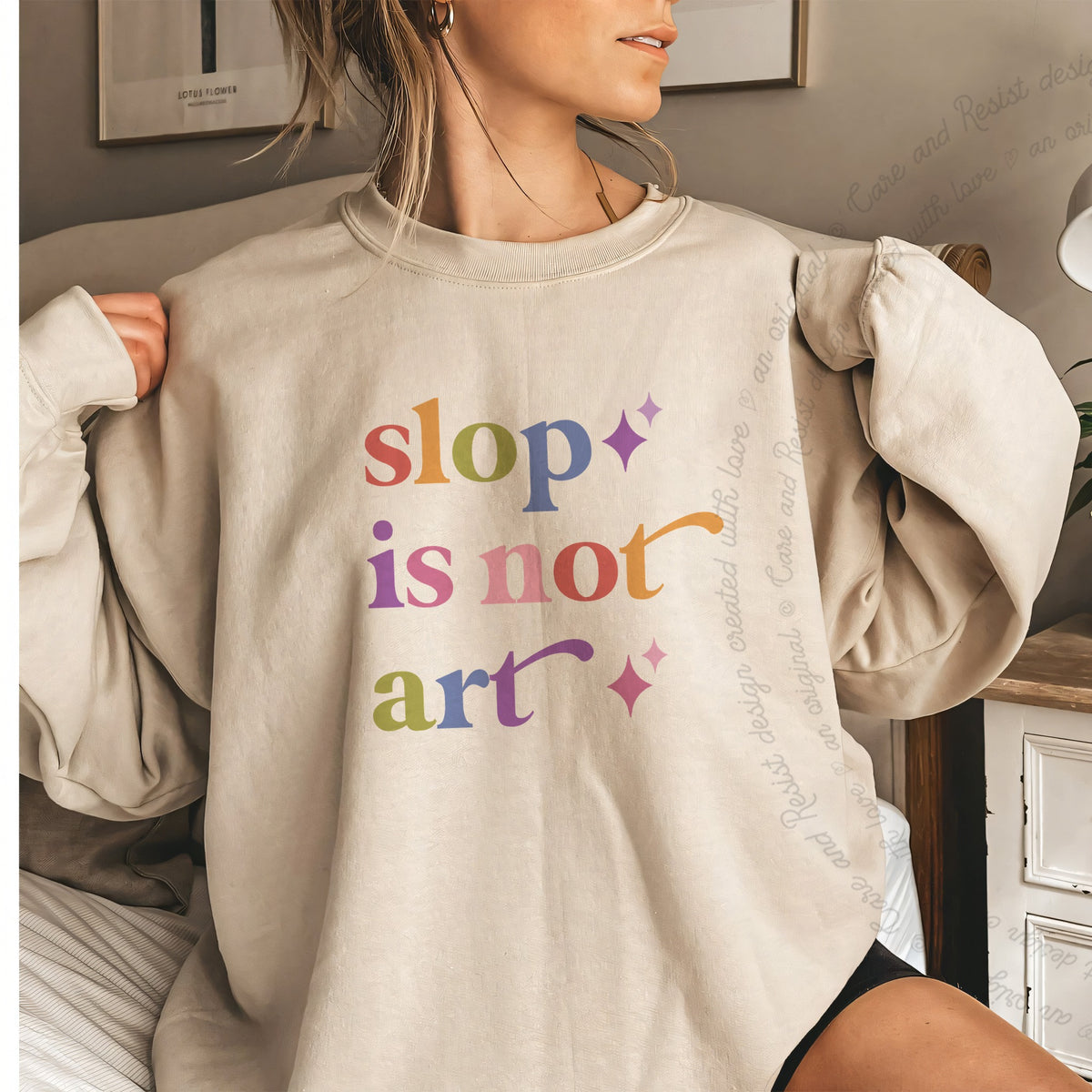Slop is not Art Care & Resist Gildan crewneck sweatshirt in Sand