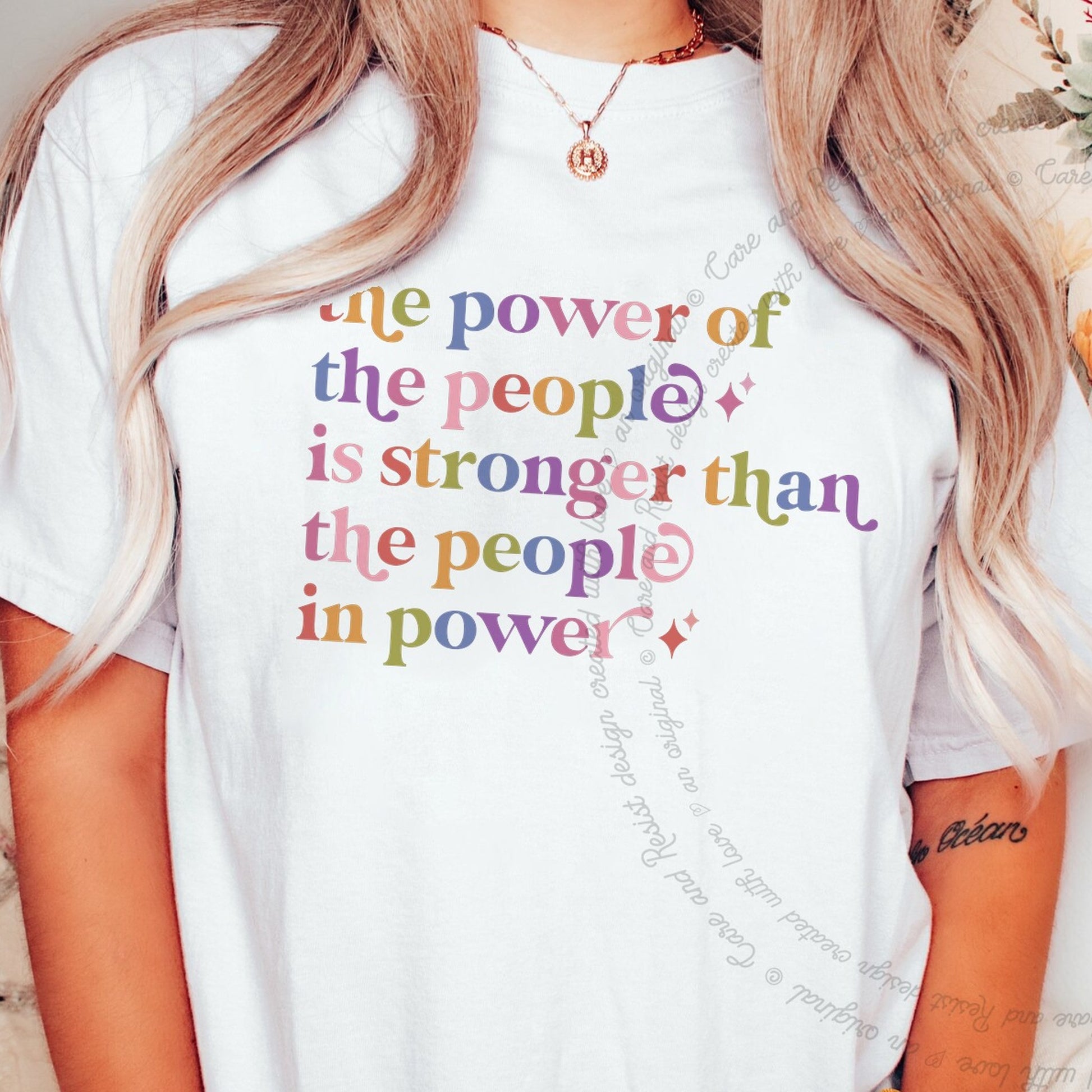 The Power of the People Care & Resist rainbow Comfort Colors tee, White