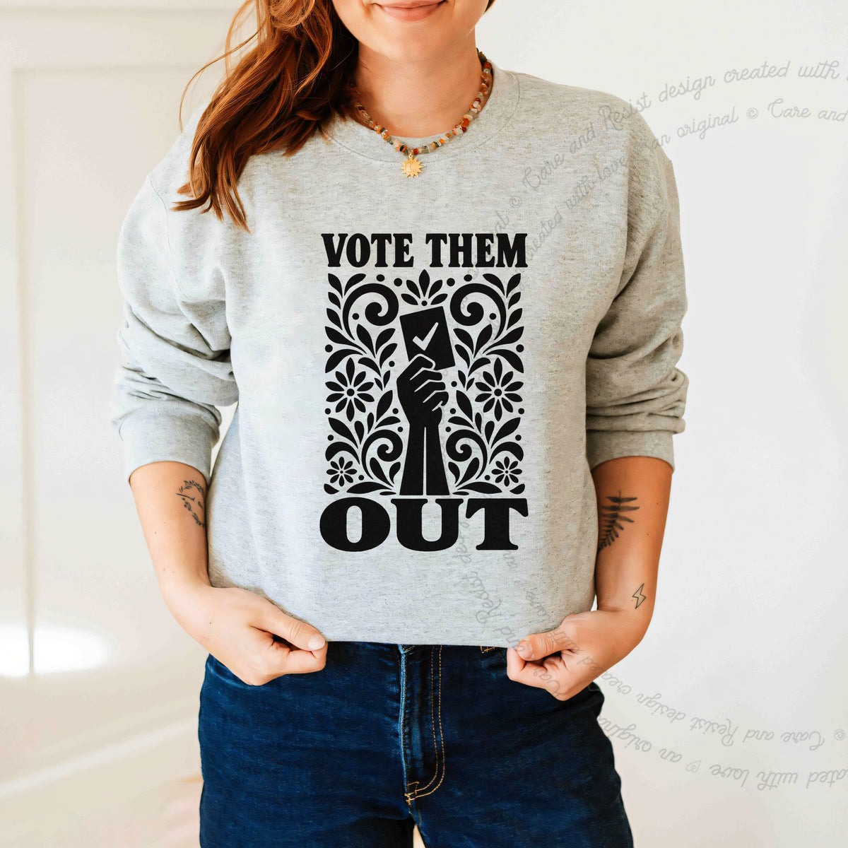 Vote Them Out Ballot Stencil Care & Resist Gildan crewneck sweatshirt in Sport Grey