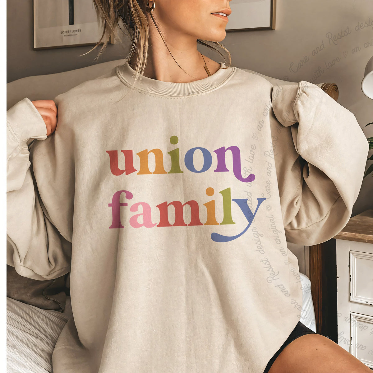 Union Family Care & Resist Gildan crewneck sweatshirt in Sand