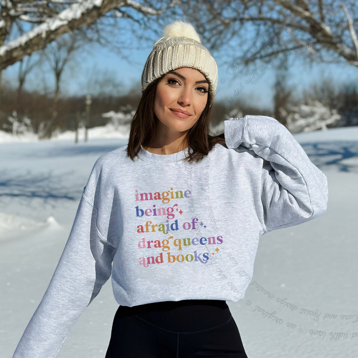 Imagine Being Afraid of Drag Queens and Books Care & Resist Gildan crewneck sweatshirt in Sport Grey