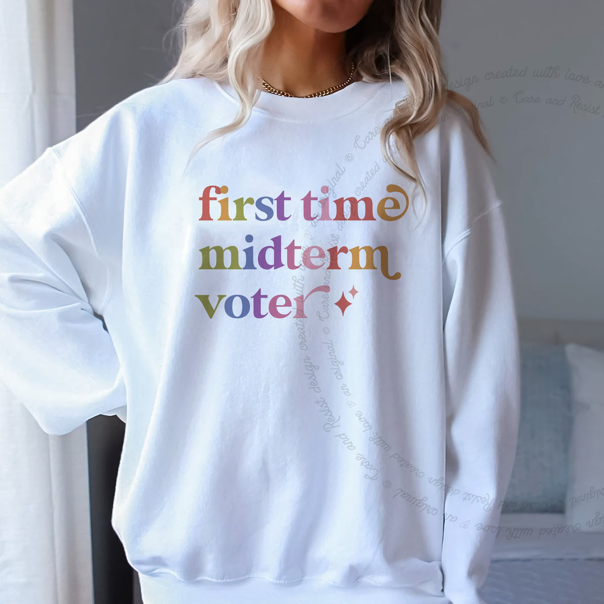 First Time Midterm Voter Care & Resist Gildan crewneck sweatshirt in White