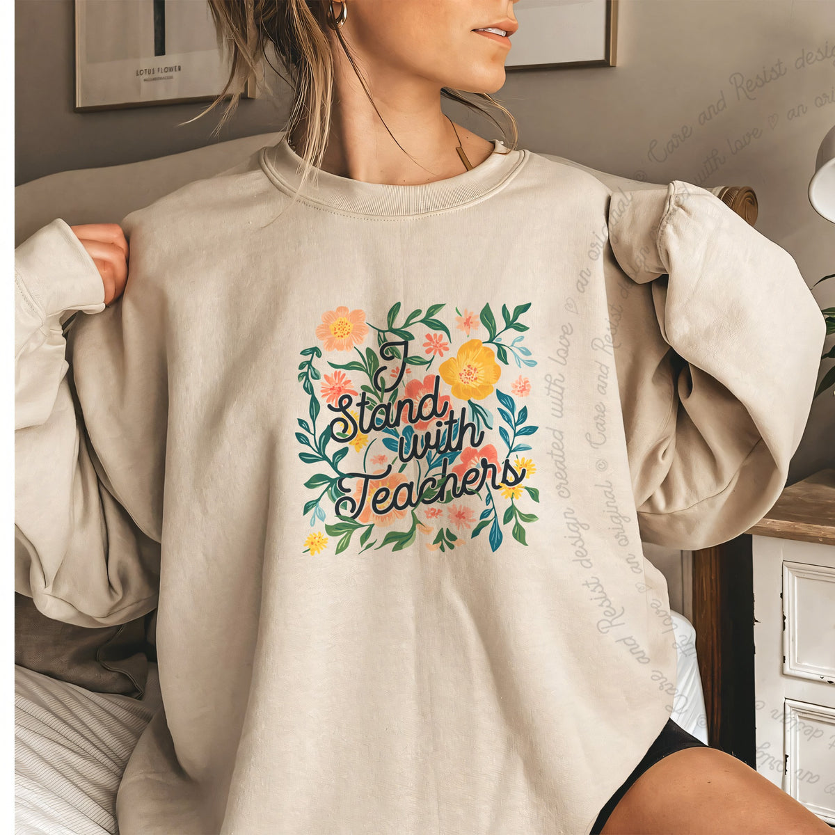 I Stand With Teachers Care & Resist Gildan crewneck sweatshirt in Sand