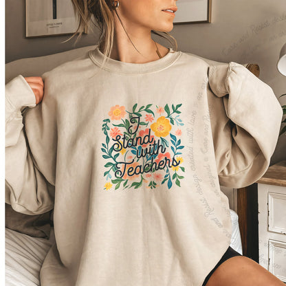 I Stand With Teachers Care & Resist Gildan crewneck sweatshirt in Sand