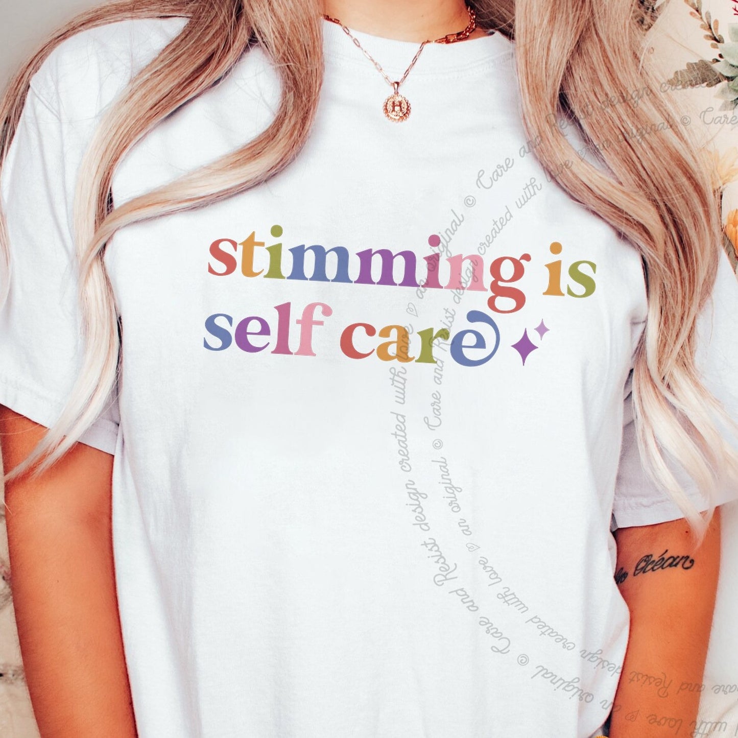 Stimming is Self Care Care & Resist rainbow Comfort Colors tee, White