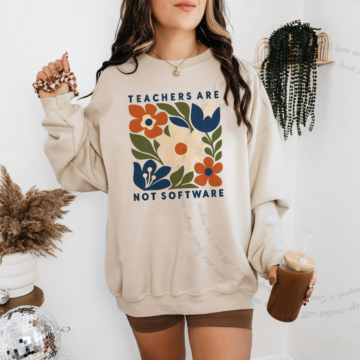Teachers are not Software Cutout Care & Resist Gildan crewneck sweatshirt in Sand