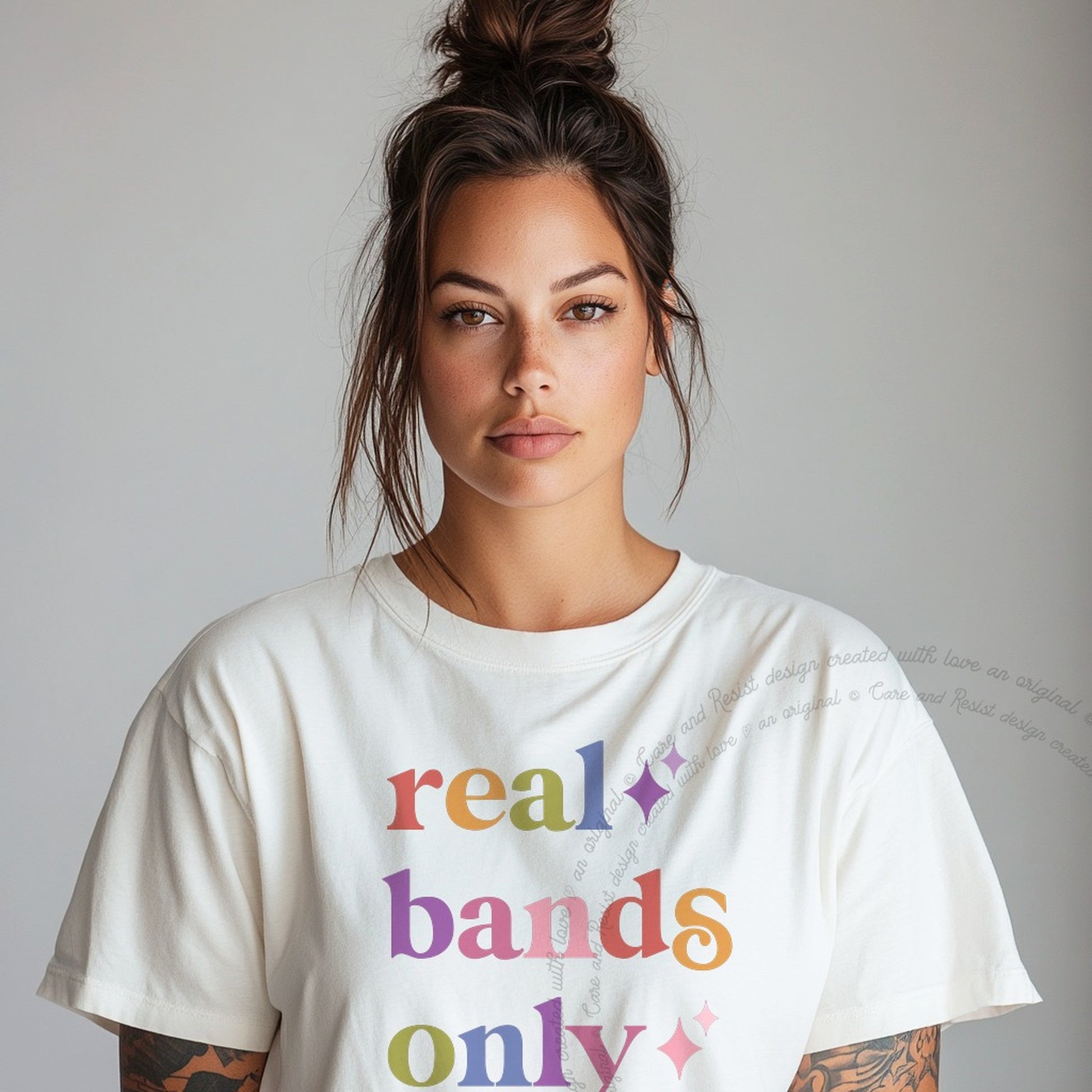 Real Bands Only Care & Resist rainbow tee