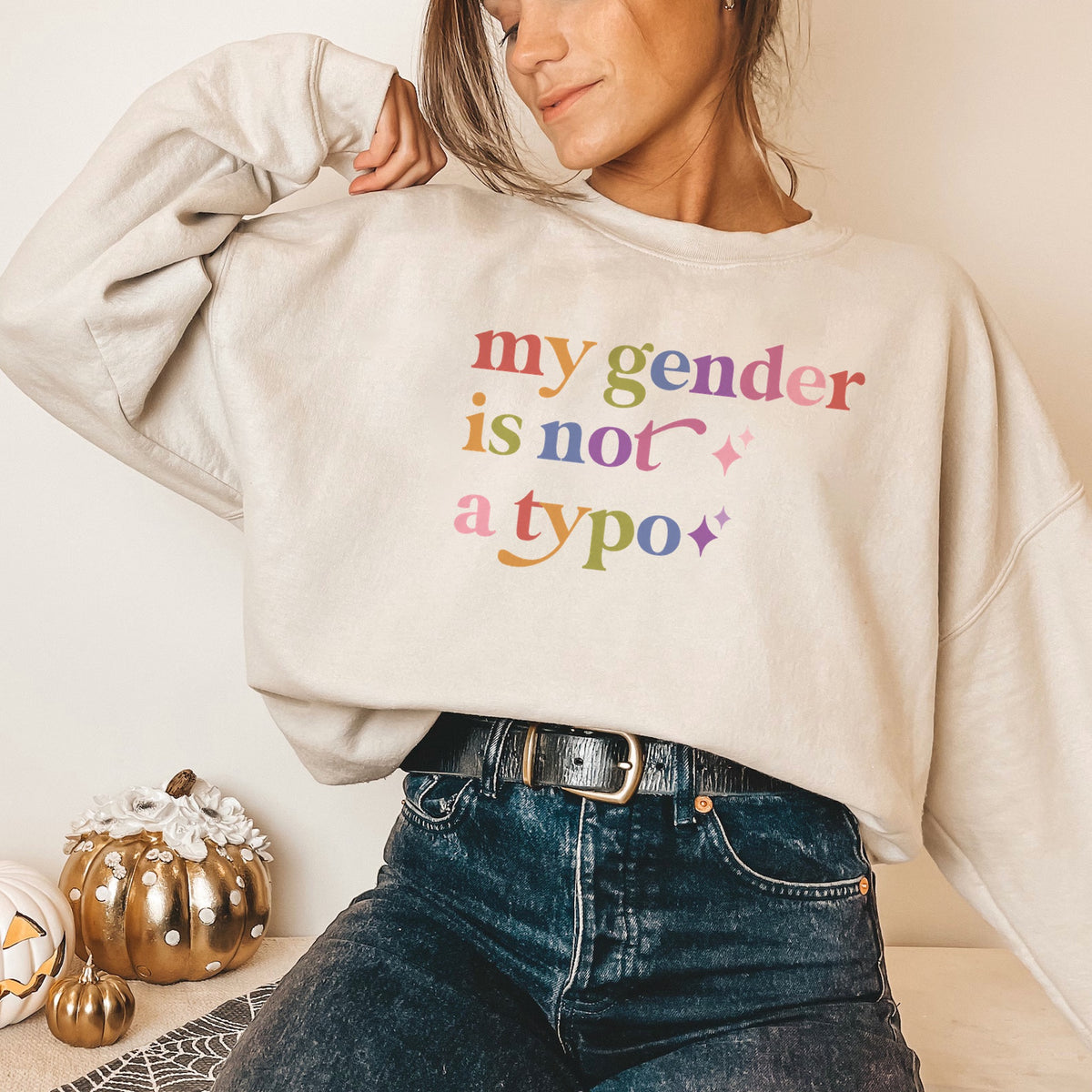 My Gender is not a Typo Care & Resist Gildan crewneck sweatshirt in Sand