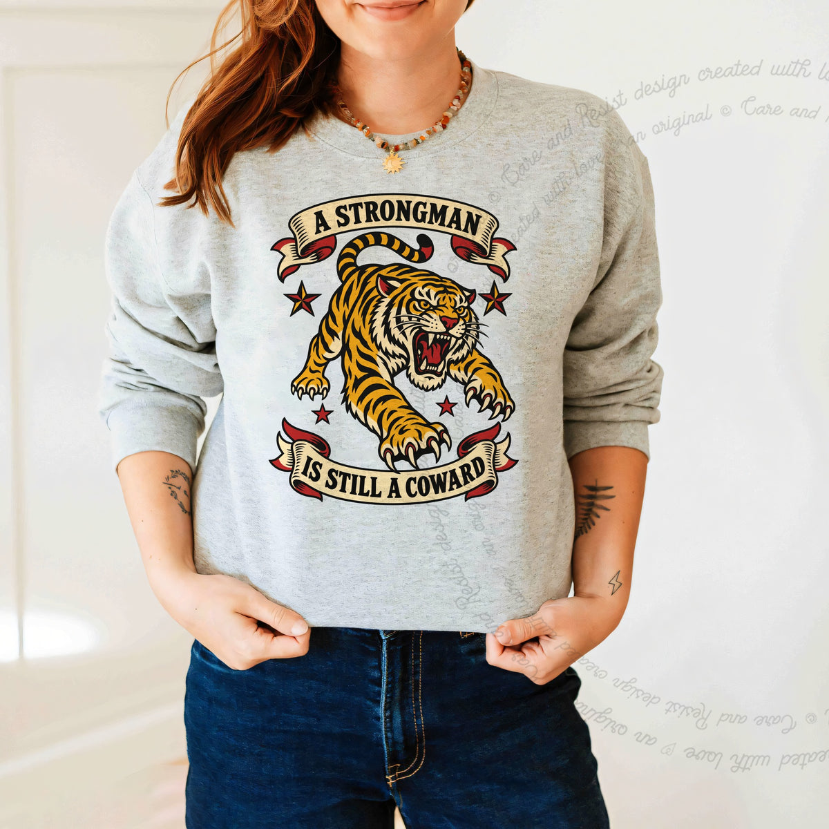 A Strongman is Still a Coward Tiger Care & Resist Gildan crewneck sweatshirt in Sport Grey