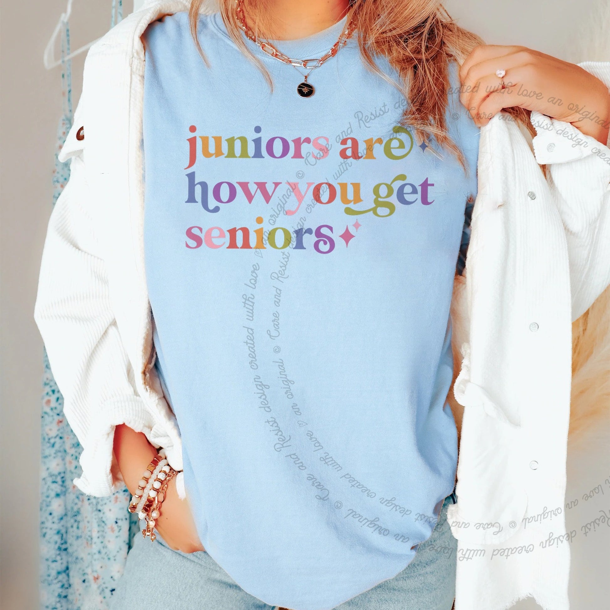 Juniors are How You Get Seniors Care & Resist rainbow Comfort Colors tee, Chambray