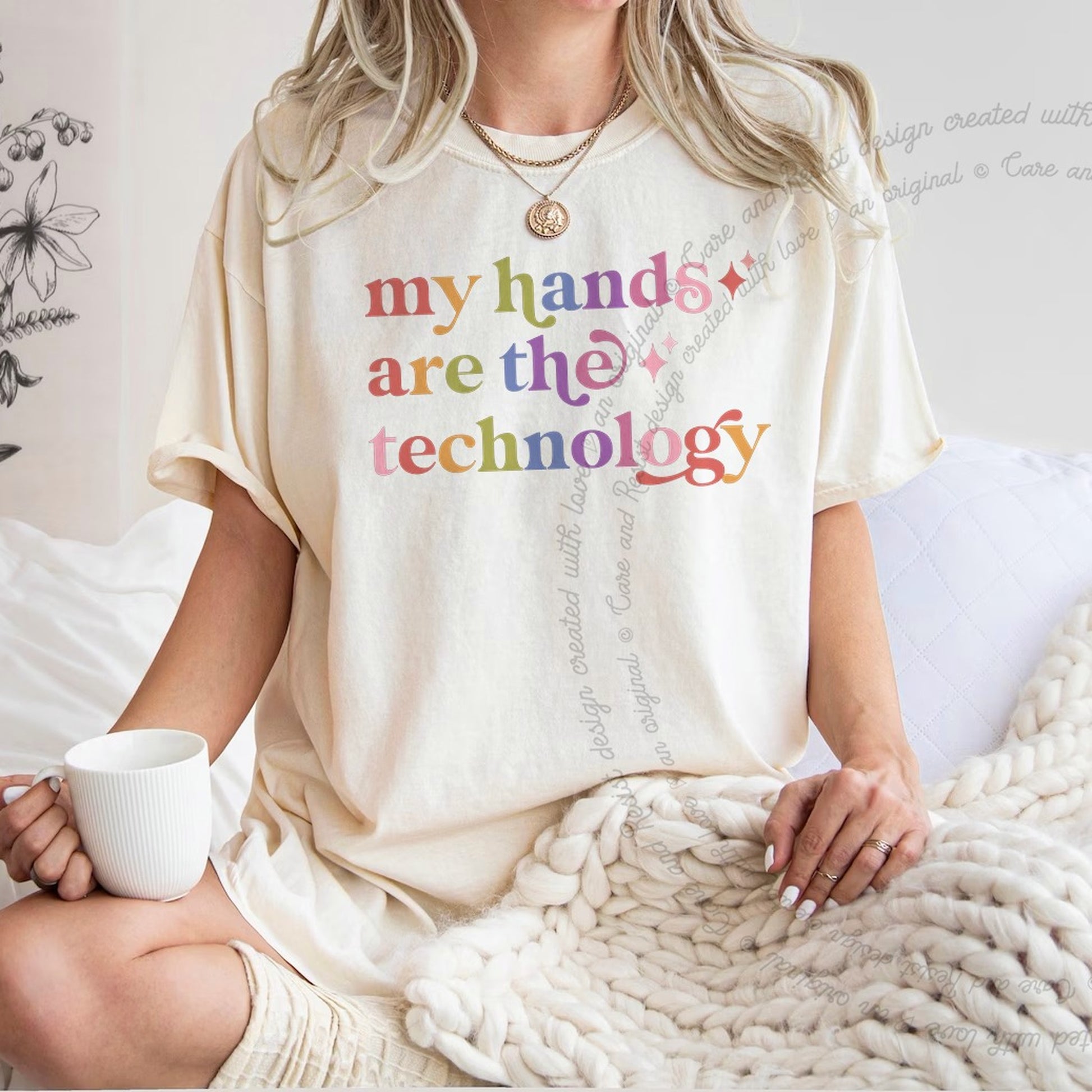 My Hands are the Technology Care & Resist rainbow Comfort Colors tee, Ivory