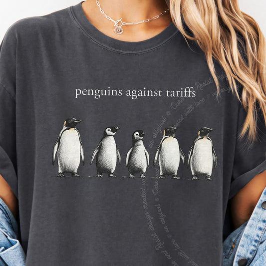 Penguins Against Tariffs Care & Resist progressive t-shirt in Graphite