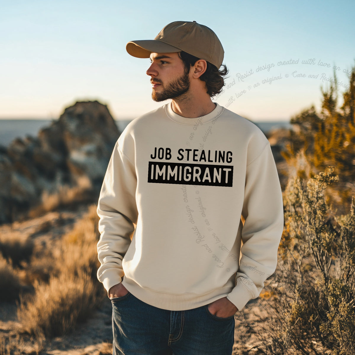 Job Stealing Immigrant Block Care & Resist Gildan crewneck sweatshirt in Sand