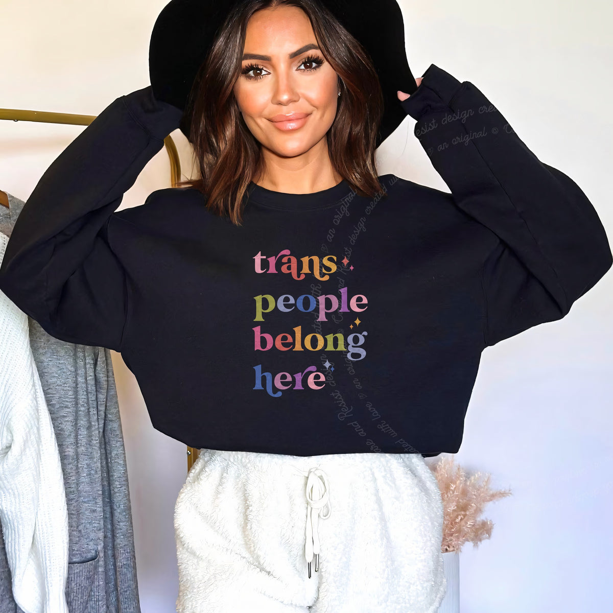 Trans People Belong Here Care & Resist Gildan crewneck sweatshirt in Black