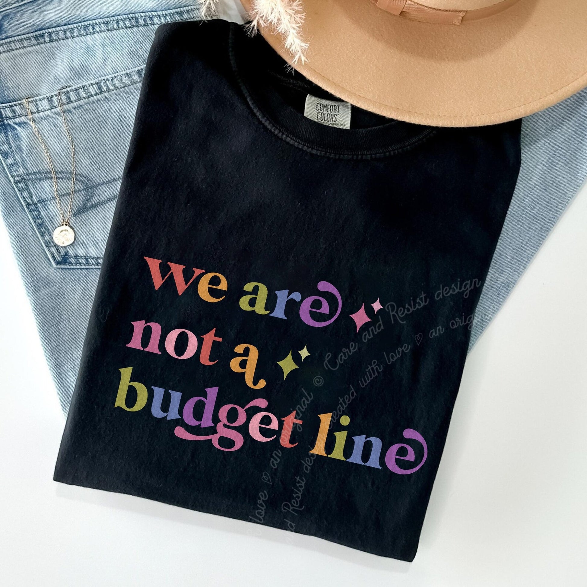We are not a Budget Line Care & Resist rainbow Comfort Colors tee, Black