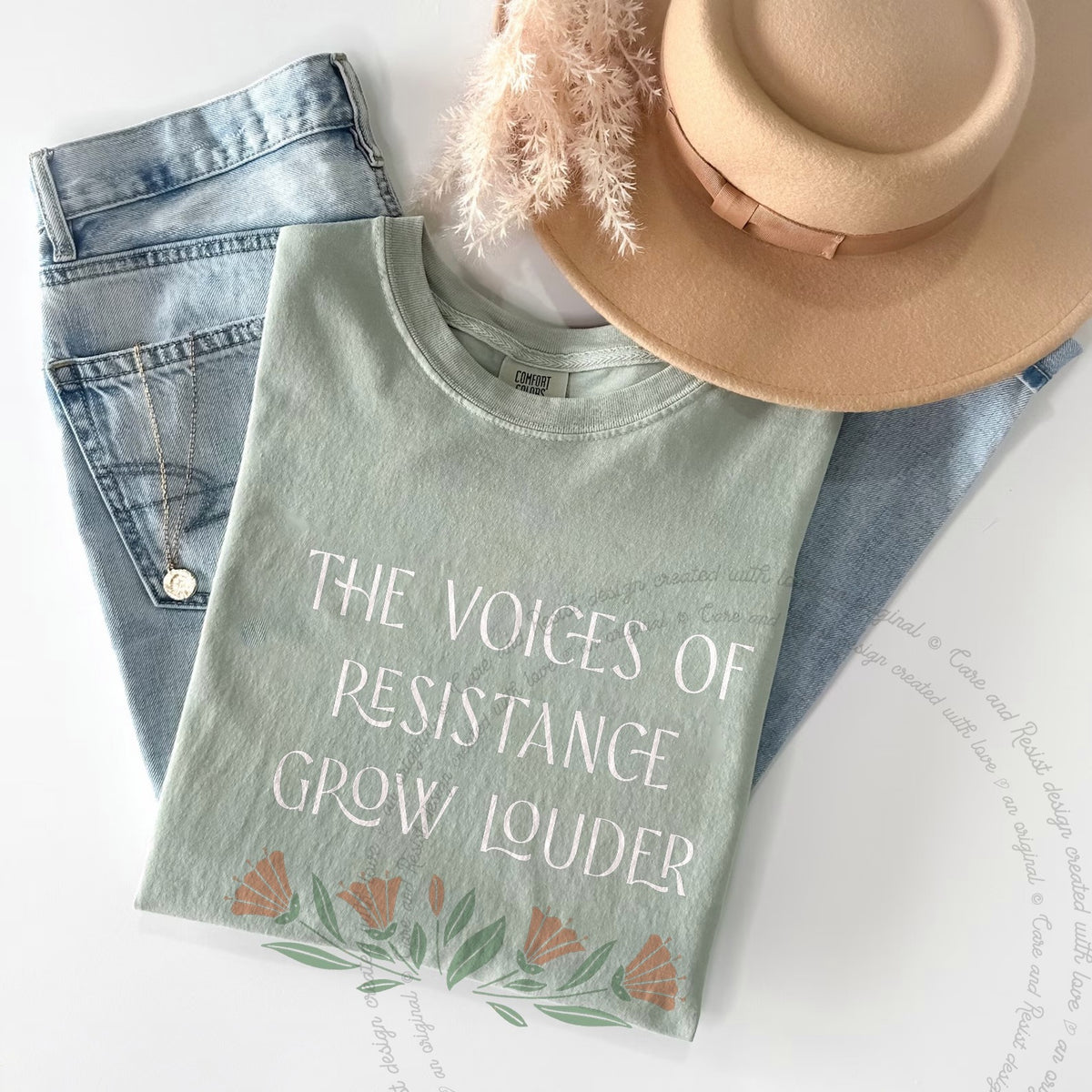 The Voices of Resistance Grow Louder Care & Resist progressive t-shirt in Bay