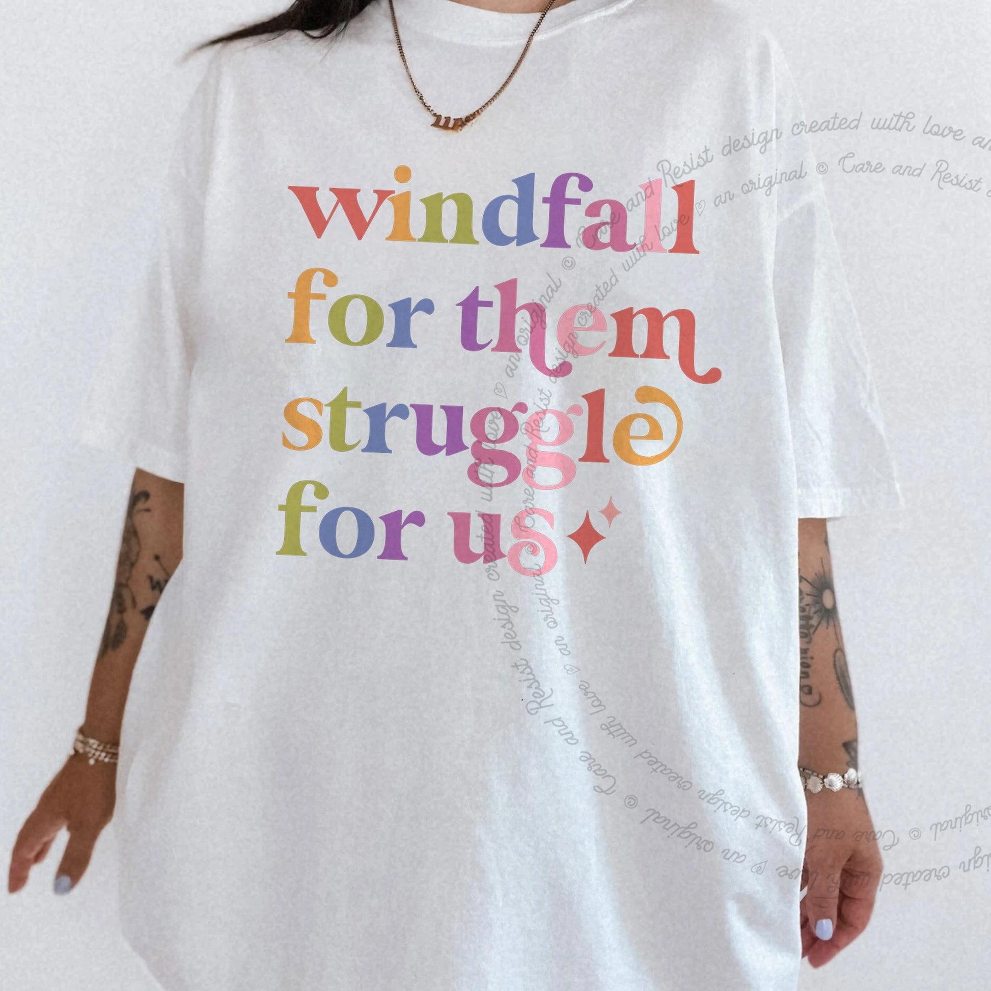 Windfall for Them Struggle for Us Care & Resist rainbow Comfort Colors tee, White