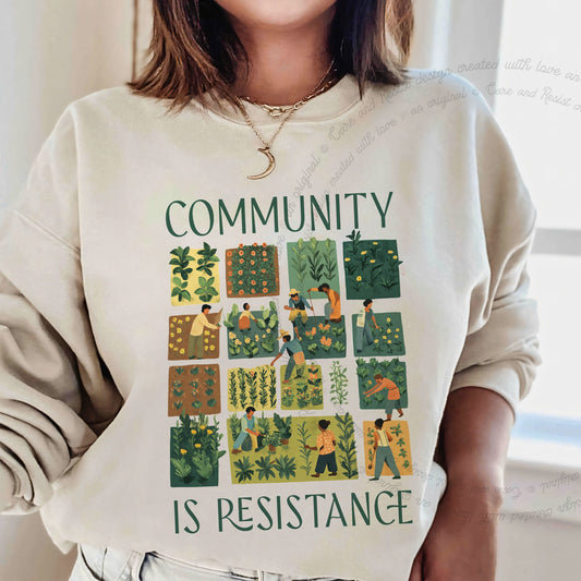 Community Is Resistance Garden Squares Care & Resist Gildan crewneck sweatshirt in Sand