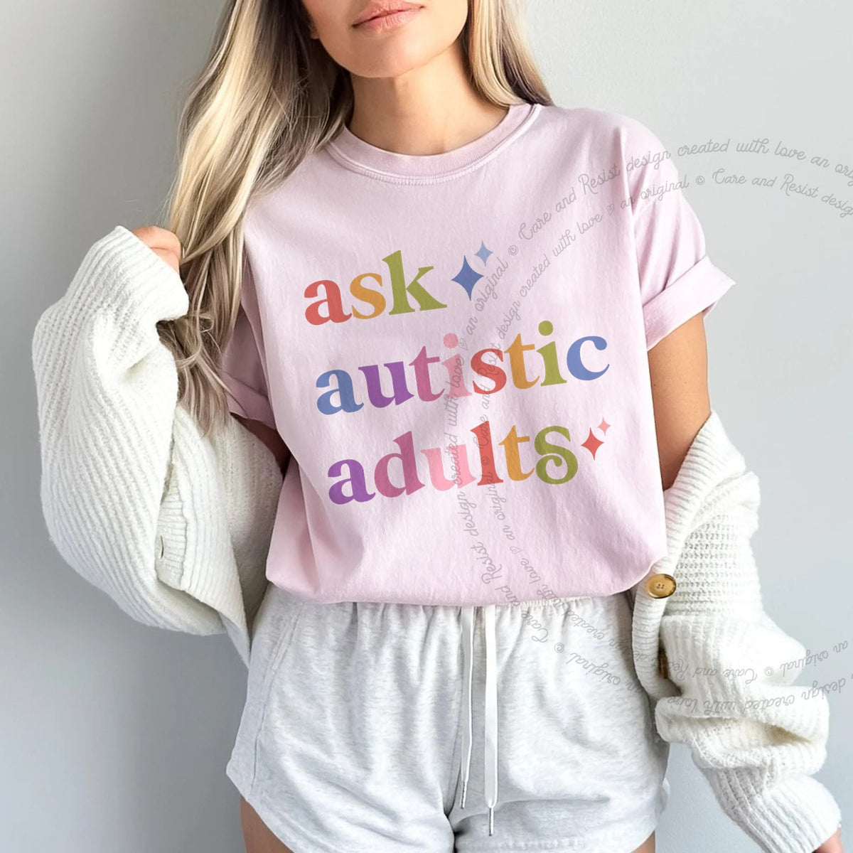Ask Autistic Adults Care & Resist progressive t-shirt in Blossom