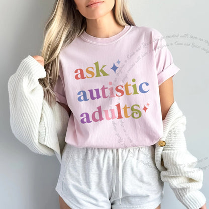 Ask Autistic Adults Care & Resist progressive t-shirt in Blossom