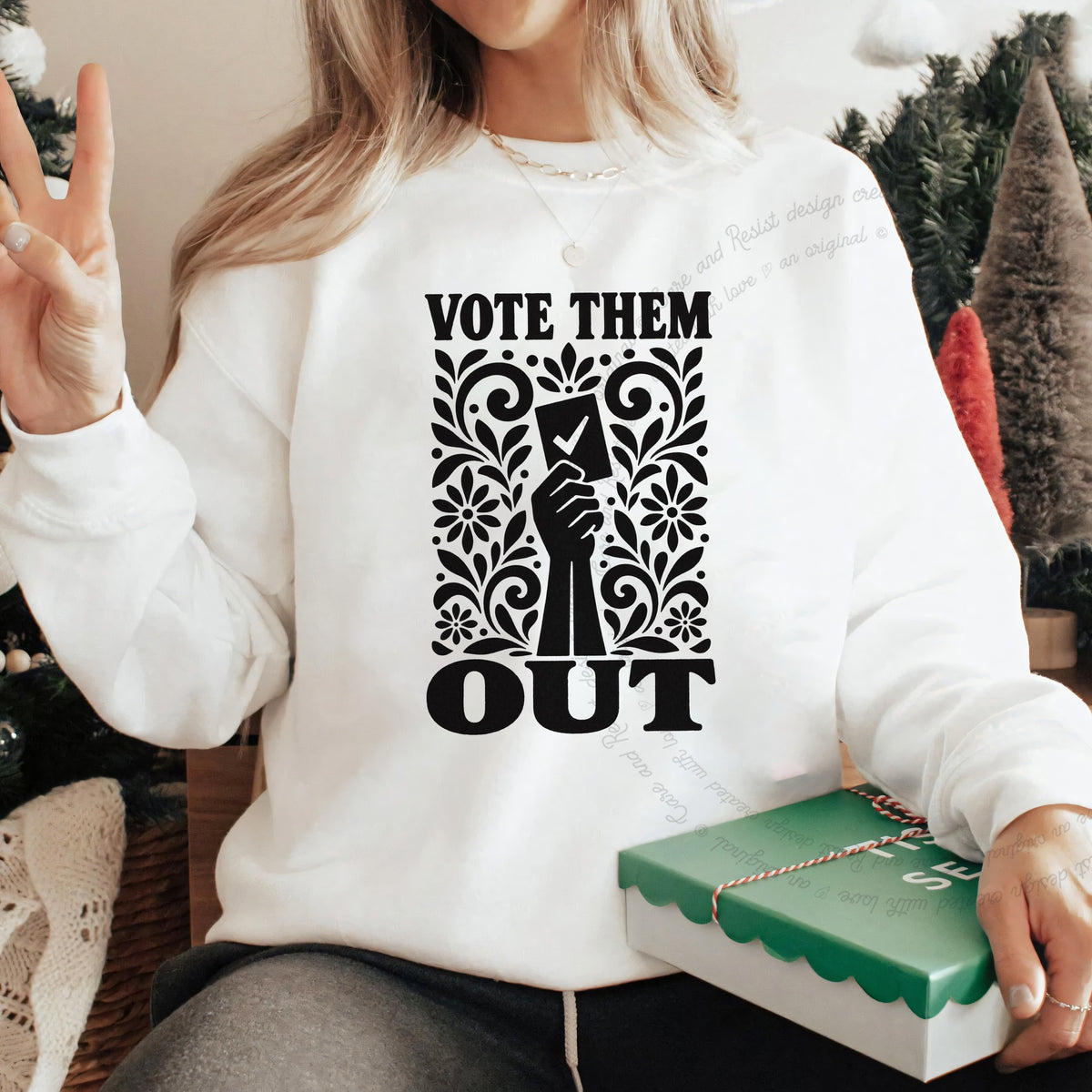 Vote Them Out Ballot Stencil Care & Resist Gildan crewneck sweatshirt in White