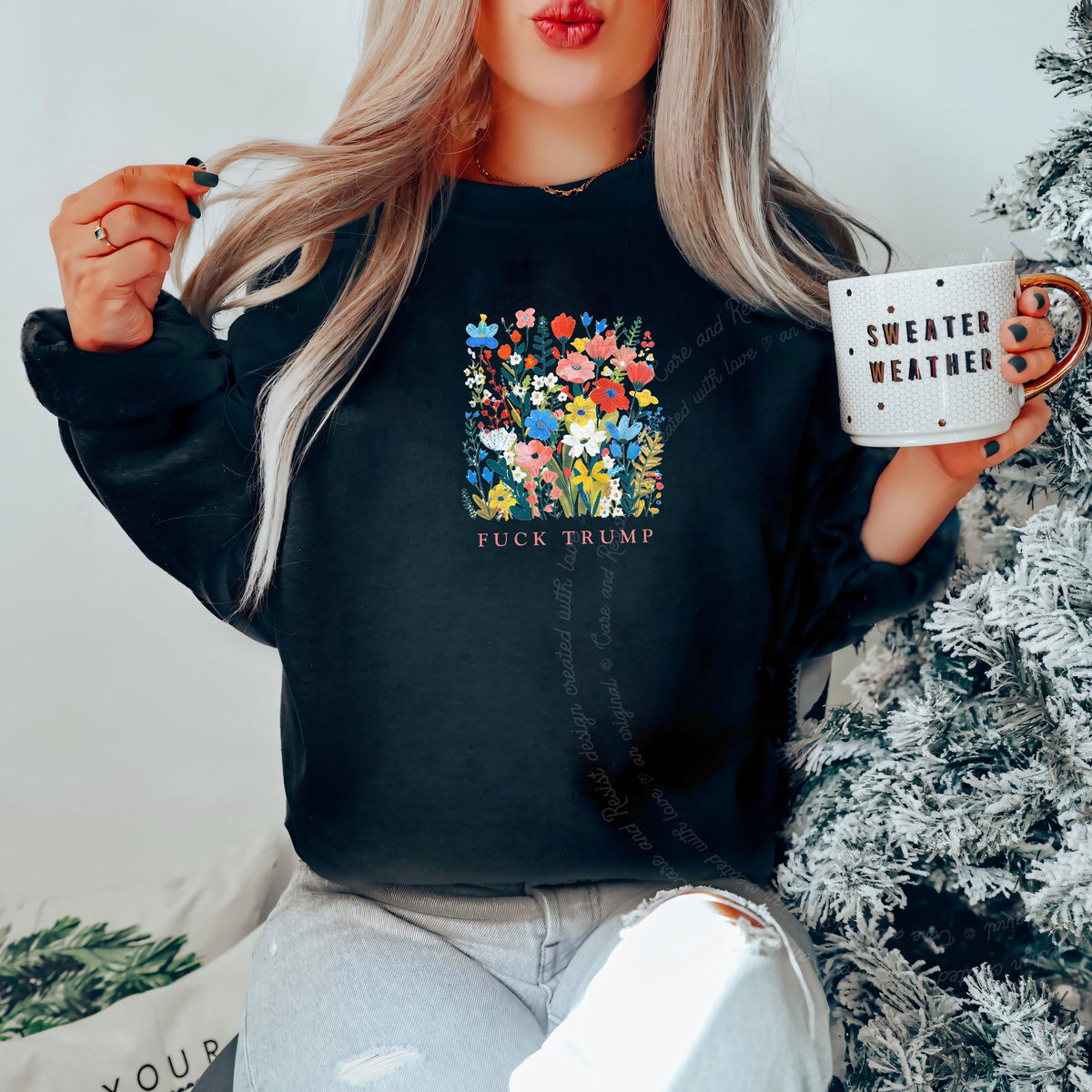Fuck Trump Floral Care & Resist Gildan crewneck sweatshirt in Black