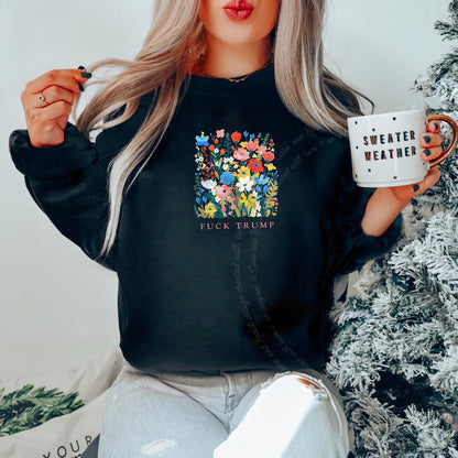 Fuck Trump Floral Care & Resist Gildan crewneck sweatshirt in Black
