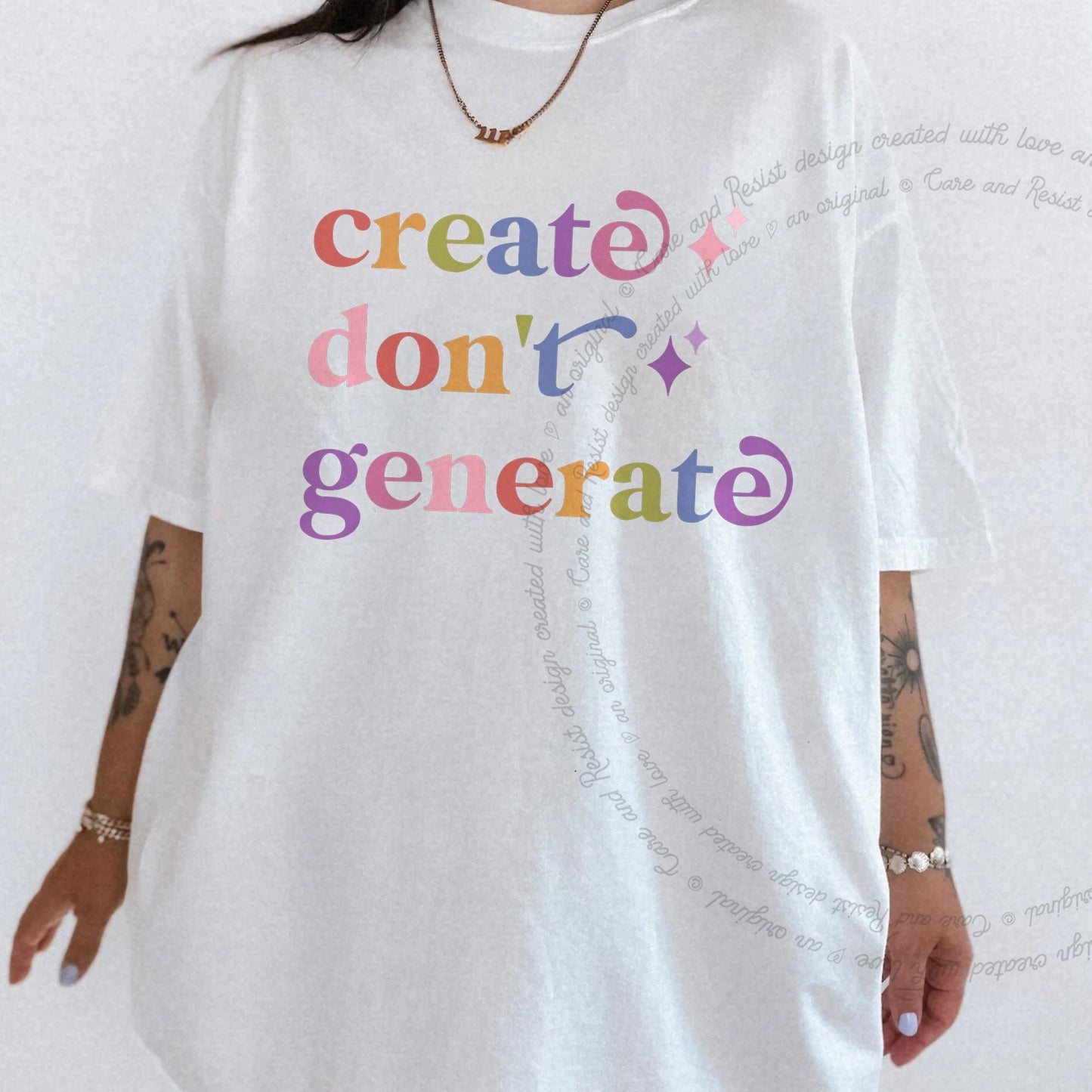 Create Dont Generate Care & Resist rainbow Comfort Colors tee, White