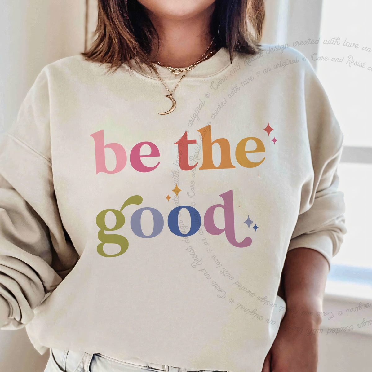 Be the Good Care & Resist Gildan crewneck sweatshirt in Sand