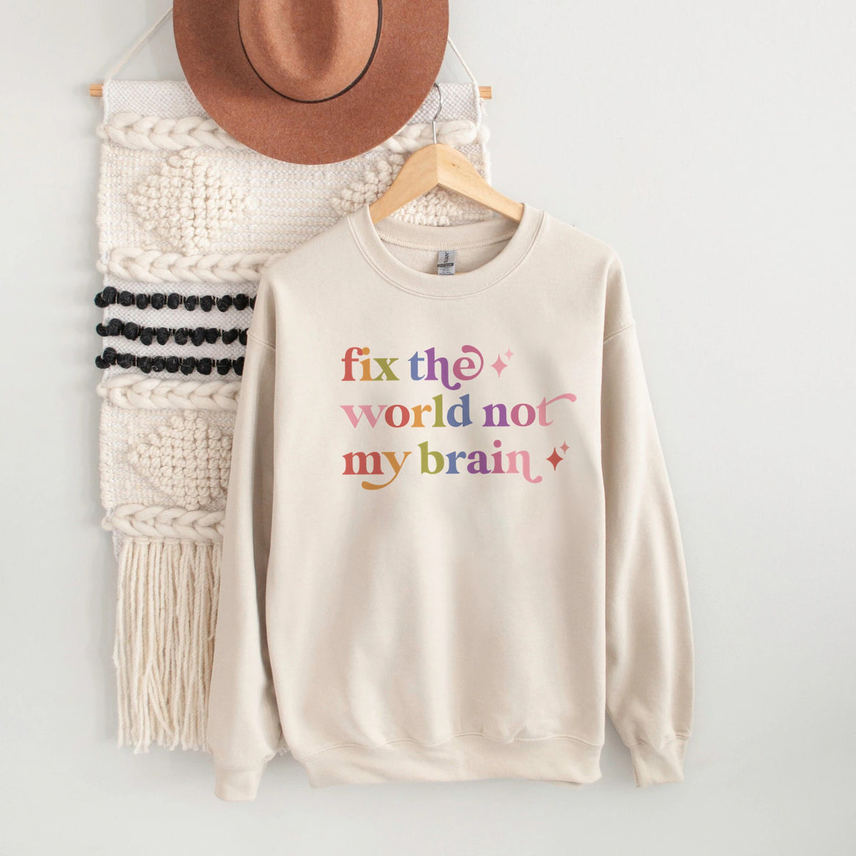 Fix the World not My Brain Care & Resist Gildan crewneck sweatshirt in Sand