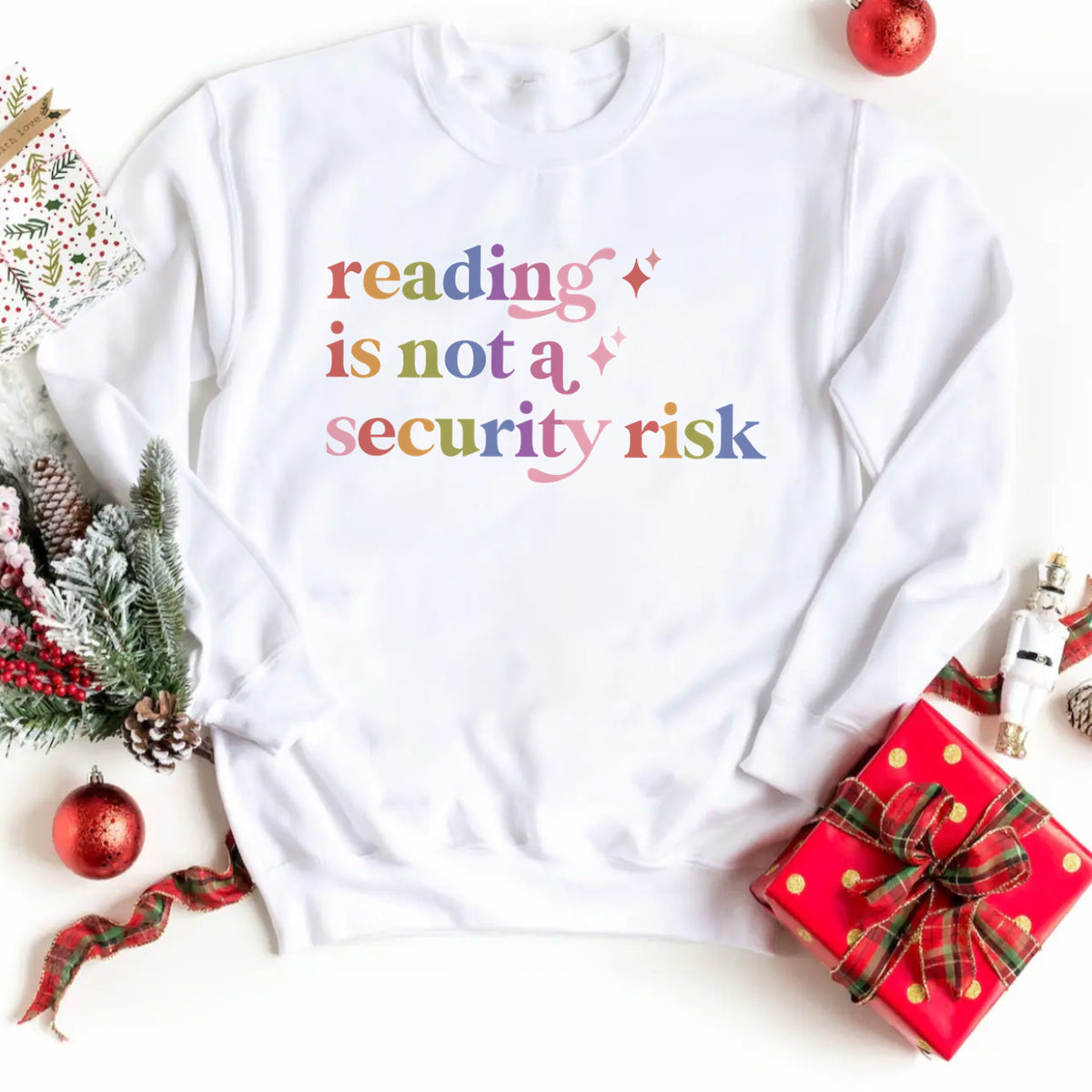 Reading is not a Security Risk Care & Resist Gildan crewneck sweatshirt in White