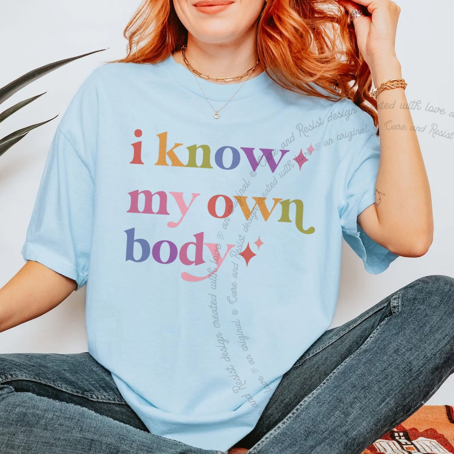 I Know My Own Body Care & Resist rainbow Comfort Colors tee, Chambray