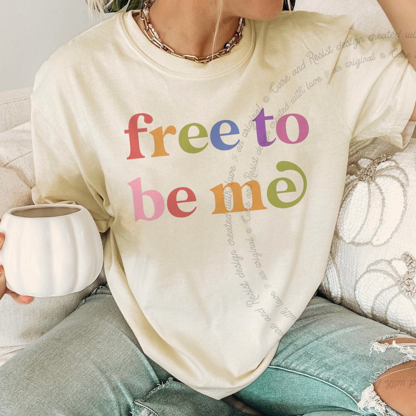 Free to Be Me Care & Resist rainbow Comfort Colors tee, Ivory