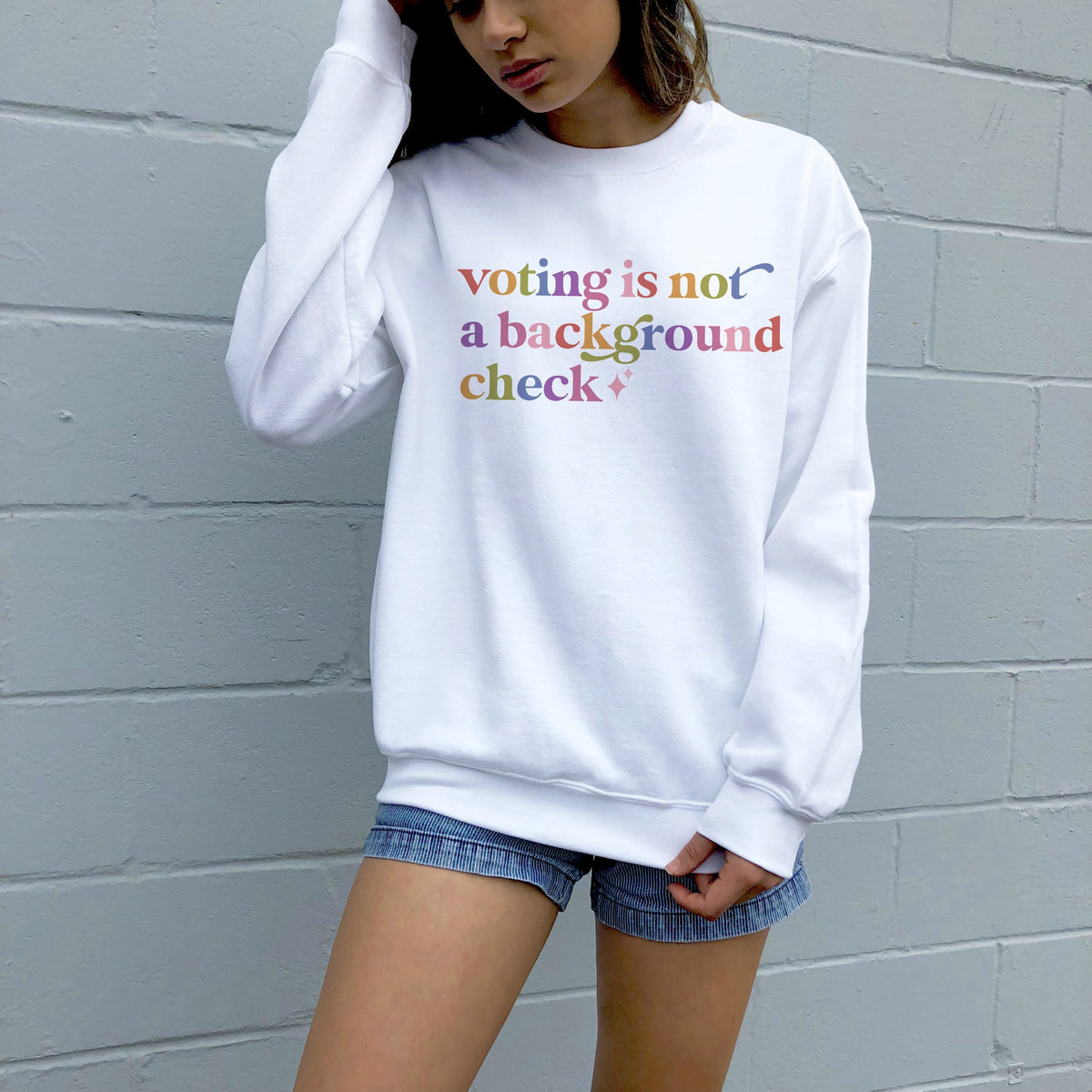 Voting is not a Background Check Care & Resist Gildan crewneck sweatshirt in White