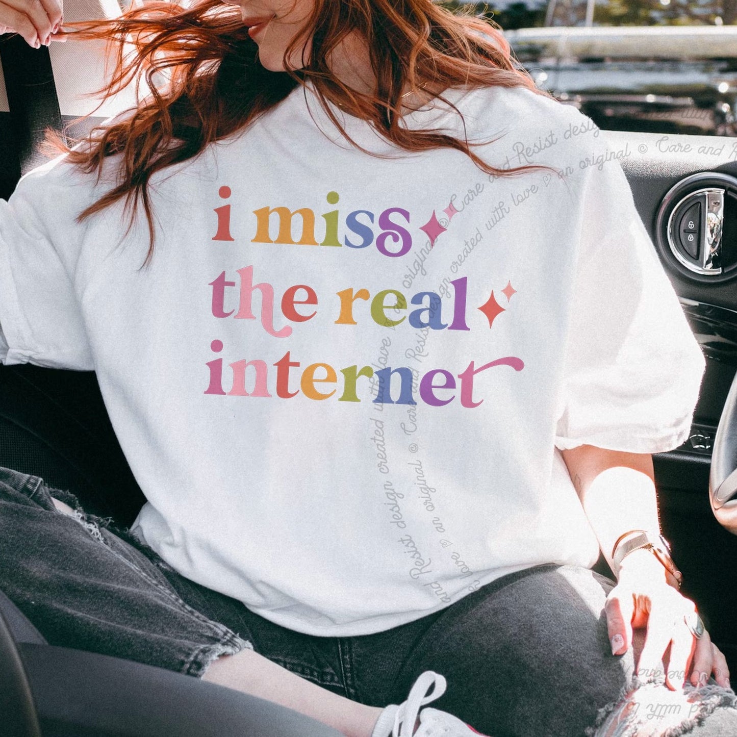 I Miss the Real Internet Care & Resist rainbow Comfort Colors tee, White